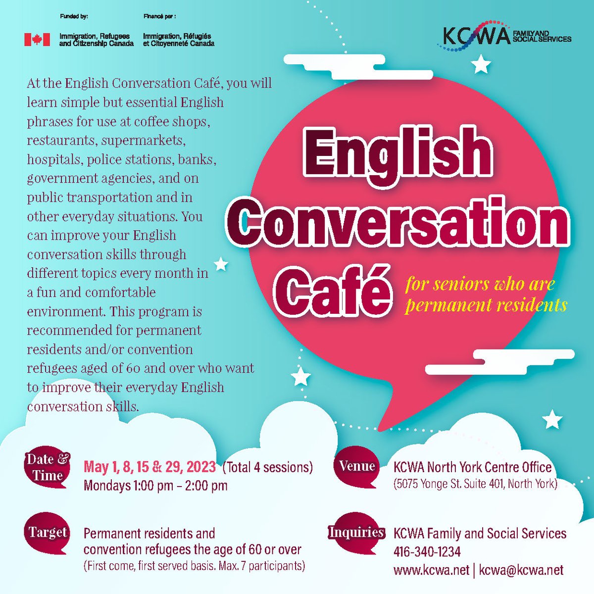 KCWA_Toronto's tweet image. English Conversation Café / 영주권자 시니어를 위한 잉글리쉬 카페

📍May 1, 8, 15 &amp;amp; 29 (Total 4 sessions)
  Mondays / 1:00 pm - 2:00 pm

📍Registration:
forms.gle/fSEZy3UiRUixZj…

#KCWA #캐나다한인여성회 #SeniorProgram #EnglishConversationCafe #ImproveYourEnglish #EssentialEnglish