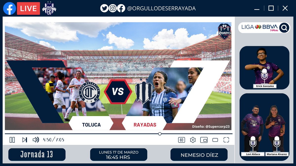 ODSRFemenil_'s tweet photo. ⚠ Sintoniza el Toluca Ante Rayadas Liga Mx Femenil.

🗓️ Lunes 17 de abril.
🕔 Previo desde las 16:50 horas
📺:Facebook Live: @ODSRFemenil_ (EXCLUSIVO)📍Toluca
🎙| @LeviALDACO
🎙|@erick_edgzz
🎙| @MarianaAlvi27

🚨 (Narración Alternativa)

#NarraciónRayada

Diseño:@Supercorp23 https://t.co/V5kQ4WhYPV