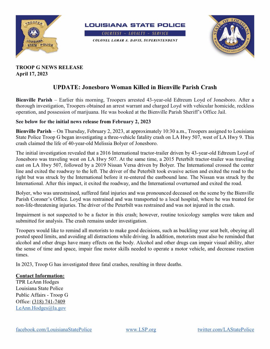 LA State Police on Twitter "TROOP G NEWS RELEASE April 17, 2023 UPDATE Jonesboro Woman Killed