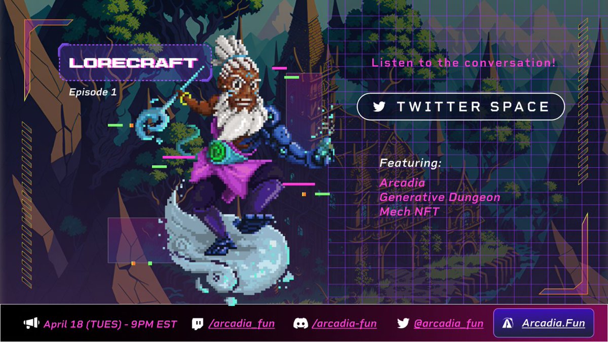 We love stories. Whether it's from our very own @theenicsage or from our community! 

And that's why we're dedicating a space to explore these tales in NFTs! 

Join us for the 1st ep of LORECRAFT ✍️
Ft. <a href="/GenDungeon/">Generative Dungeon</a> and <a href="/MechNFT/">Mech</a> 

Set your reminders!
📍 x.com/i/spaces/1BRJj…