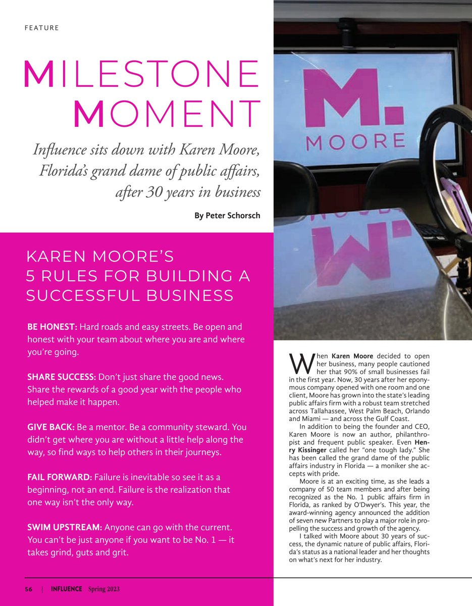 Moore_Agency's tweet photo. INFLUENCE Magazine from @Fla_Pol recently sat down with "Florida's grand dame of public affairs" @ceokarenbmoore.

Click to learn her 5 rules for building a successful business (that recently celebrated its 30th anniversary). #FlaPol

https://t.co/a9zNlUwjmu https://t.co/5J0k7Y14vW