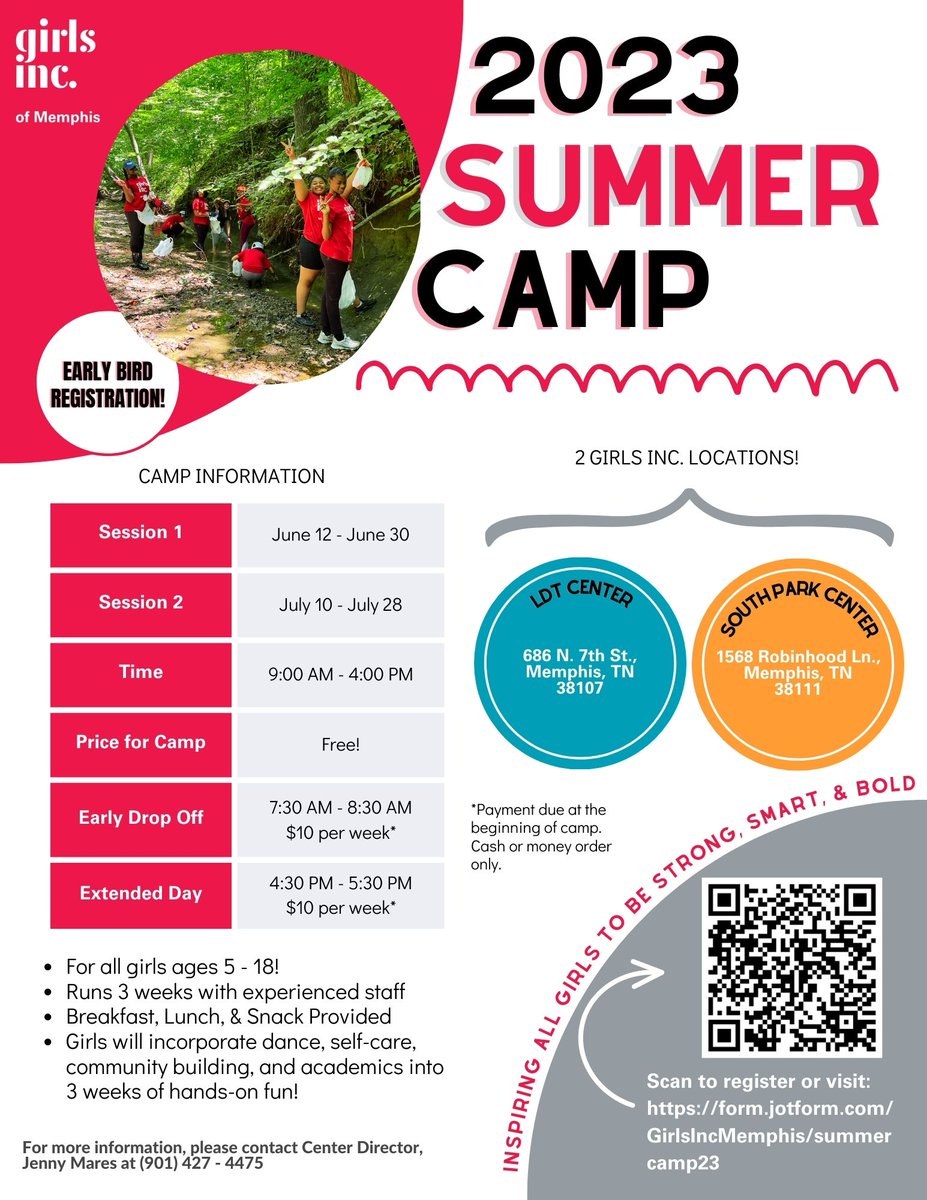 Summer camp early bird registration is now open! Girls will incorporate dance, self-care, community building, and academics into 3 weeks of hands-on fun! Scan the QR code or visit the following link to register a girl you know: form.jotform.com/GirlsIncMemphi…