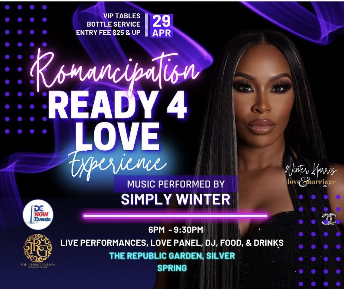 Next Saturday,April 29th,
Winter @ImSimplyWinter from 
Love & Marriage DC, reality star 
will be hosting an intimate speakeasy event at The Republic Garden alongside a performance by Her.

Time?
From 6pm-9:30pm 

RSVP for tickets🔽

simplywinter.ticketbud.com/romancipationr…