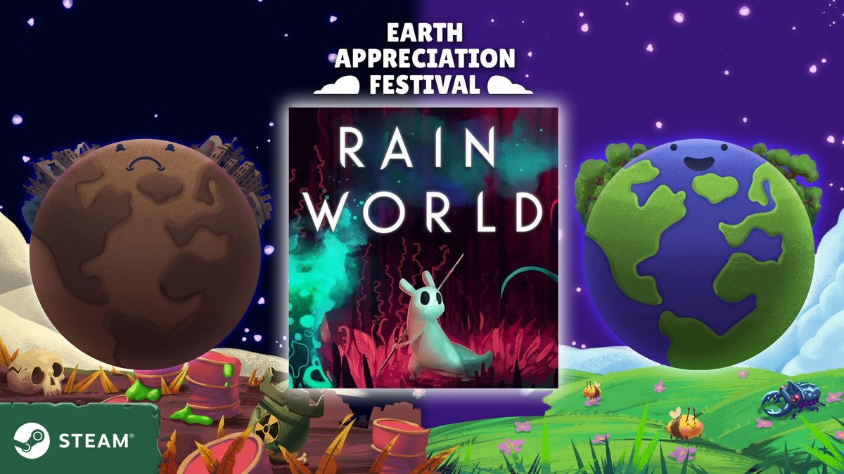 RainWorldGame's tweet image. 😻 Welcome to the #Steam #EarthAppreciationFestival!

We're featured among 🗑️ post-apocalyptic games +🌲 nature-focused titles inspiring us to make a difference this #EarthDay2023!

Grab ☔️ Rain World for 55% off and ⛈️ Rain World: Downpour for 15% off until the 24th 🫶