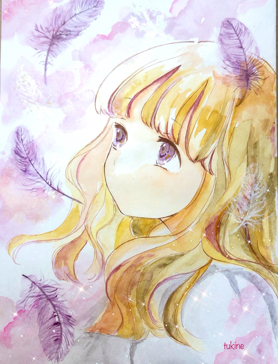 1girl solo feathers long hair traditional media purple eyes blonde hair  illustration images
