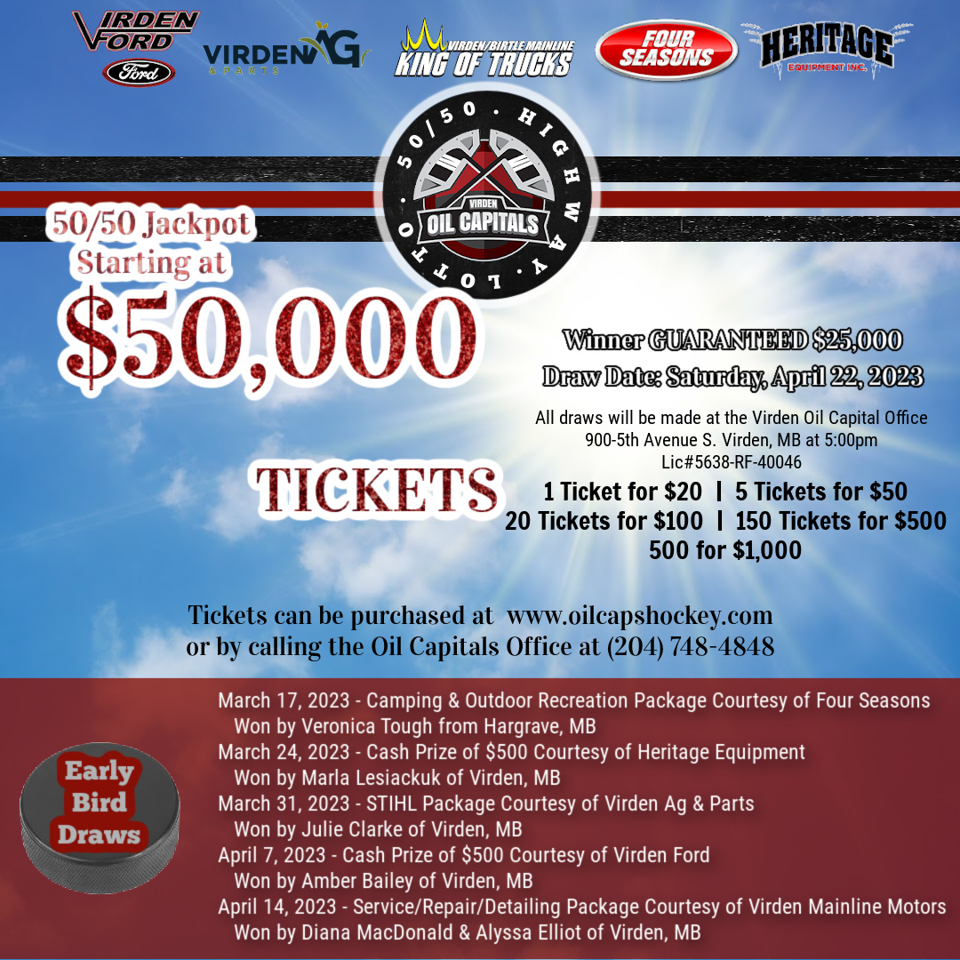 Virden Oil Capitals 50/50 HIGHWAY LOTTO  is 𝐆𝐑𝐎𝐖𝐈𝐍𝐆! 🌸
Get your tickets this week to get in before the BIG 𝐃𝐫𝐚𝐰 on Saturday, April 22nd for the BIG POT!!
Tickets at the Link below:
mb.tap5050.com/apex/f?p=127:P…