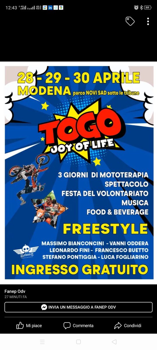 fanep_onlus's tweet photo. Il 28-29-30 aprile MOTOTERAPIA FAN CLUB Vanni Oddera & DaBoot team e Massimo Bianconcini saranno presenti con la loro #mototerapia per tutti coloro che vorranno provare l'ebrezza di sfrecciare in moto con questi campioni della solidarietà.
L'evento è gratuito.
#fanep https://t.co/IYViQF5px0