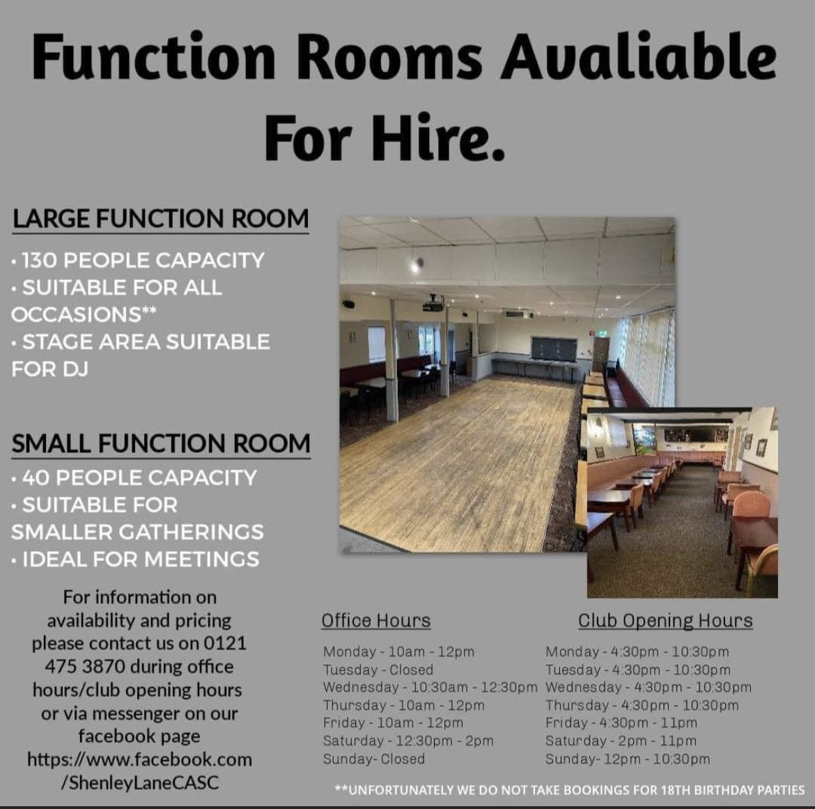 𝗙𝗨𝗡𝗖𝗧𝗜𝗢𝗡 𝗥𝗢𝗢𝗠 𝗛𝗜𝗥𝗘 

We have some availability of dates for our rooms for 2023.

Please see below &amp; contact us for further details!