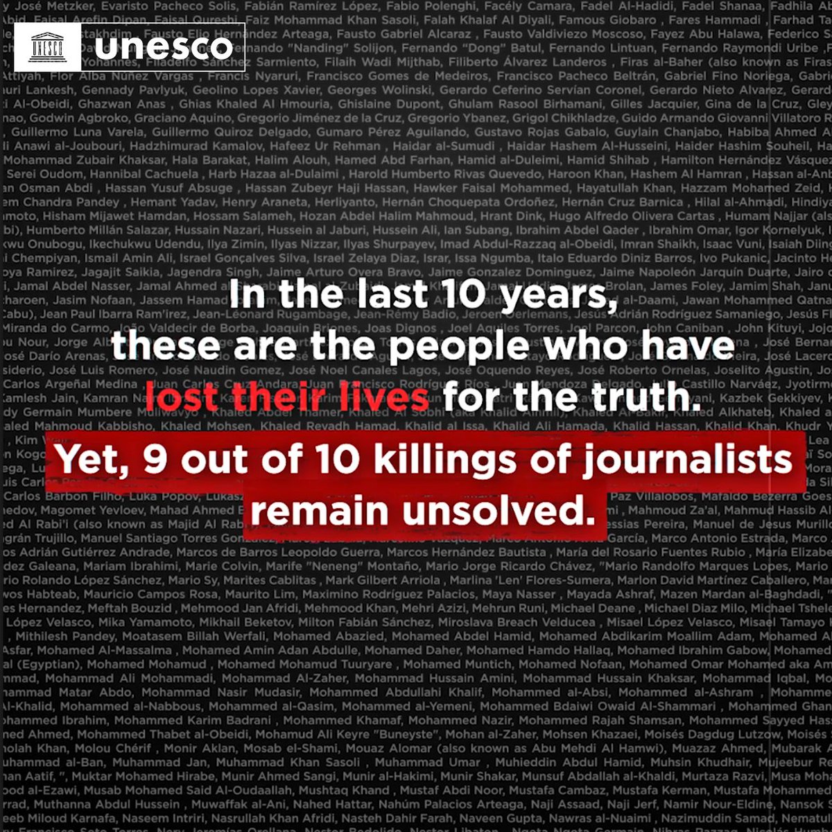 UN's tweet image. Around 1,000 journalists have been killed in the past decade.

9 out of 10 of those cases remain unsolved.

@UNESCO explains what must be done to #ProtectJournalists. unesco.org/en/safety-jour…