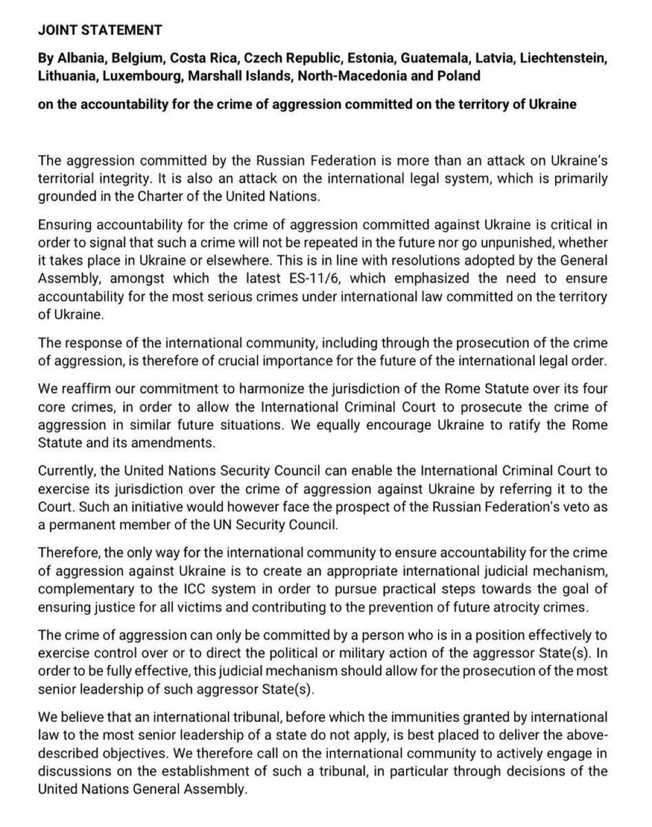 Albania joins a group of 13 countries reaffirming their position on #accountability for the #CrimeOfAggression, including the establishment of an international tribunal for aggression against #Ukraine🇺🇦⚖️