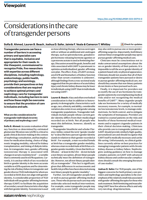 New online! Five researchers provide their views on key considerations to achieve optimal care for transgender individuals go.nature.com/3MPB7pK

@SofiaAhmedMD, Lauren Beach, <a href="/JoshuaSafer/">Joshua Safer</a>, <a href="/jveale/">Jaimie Veale</a> &amp; <a href="/CamTWhitley/">Cameron T. Whitley</a> 

<a href="/UCalgaryMed/">UCalgaryMedicine</a> <a href="/NUFeinbergMed/">Northwestern Feinberg School of Medicine</a> <a href="/TransCareSinai/">Center for Transgender Medicine and Surgery</a> <a href="/PsychWaikato/">Psychology Waikato Uni | Te Kura Whatu Oho Mauri</a> <a href="/WWU/">WWU</a>