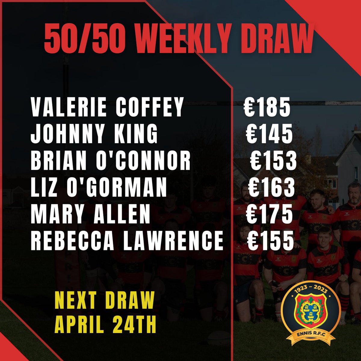 🟥⬛️ CONGRATULATIONS 🟥⬛️ To our recent winners!!! Enter online here: ennisrfc.ie/50-50-draw/?fs… OR Revolut: 089 415 6836 OR at many of our local pubs We do apologise for the delayed announcement of winners. If you have not been contacted yet please message us!
