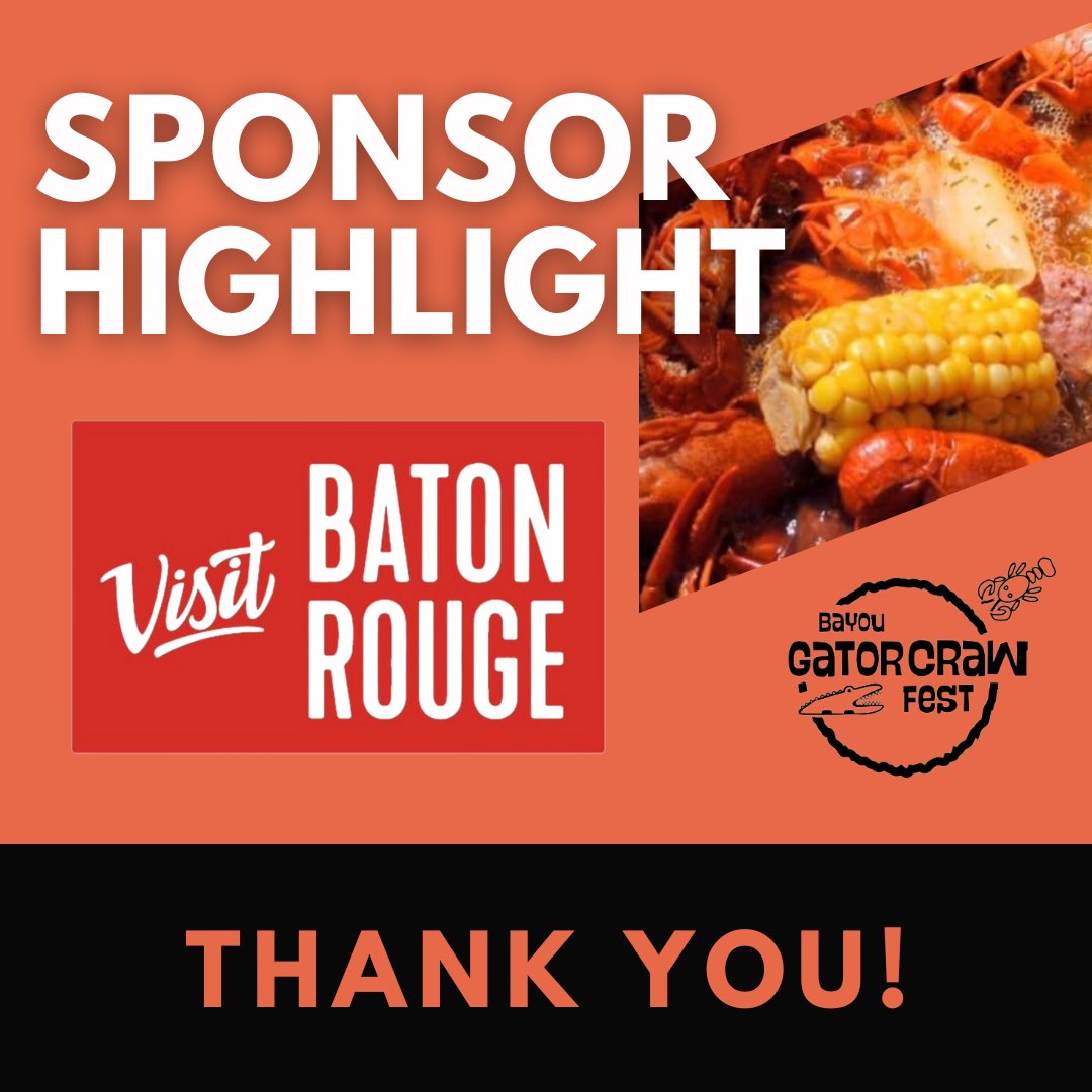 Today we're highlighting one of our sponsors. 
The mission of Visit Baton Rouge is to increase visitation to and awareness of the Baton Rouge Area thereby enhancing economic impact.
Thank you, Visit Baton Rouge, for your commitment to the 2023 #bayougatorcrawfest!#visitbatonrouge