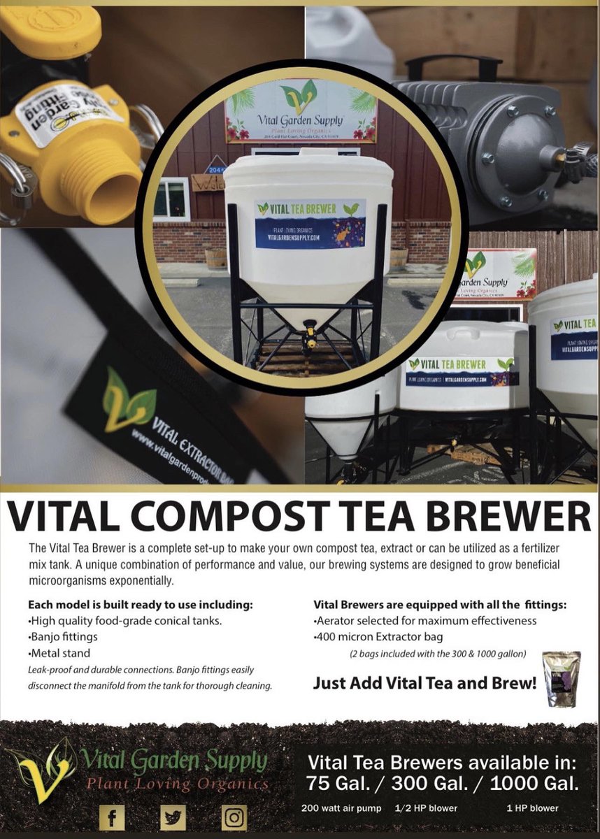 VitalGardenSupp's tweet image. Grow #BeneficialMicroorganisms exponentially w/your own 

VITAL COMPOST TEA BREWER 

A complete system for making your own #CompostTea extract.

Avail: 75, 300 &amp;amp; 1000 gallon.

 ☎️ (530) 470-0124 or come to our retail store in #NevadaCity to get yours