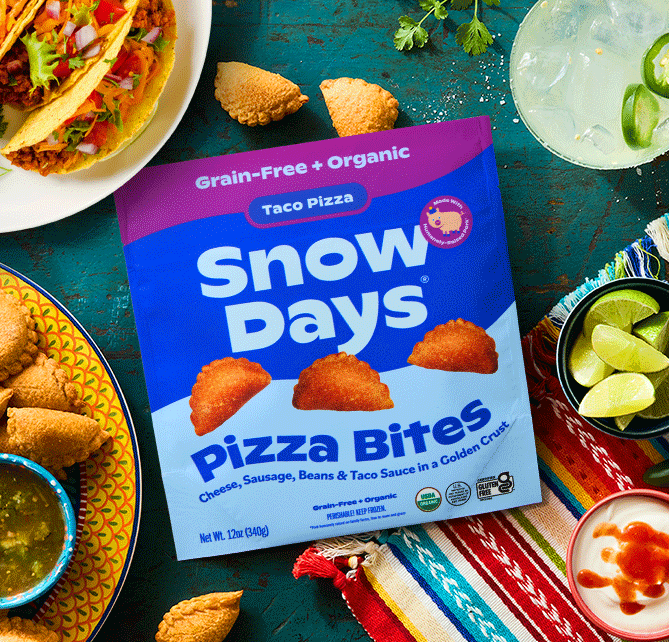 Taco Pizza bites are back and loaded with grass-fed cheddar cheese, small farm sausage, organic beans, and our original mild taco sauce. This Mexican-inspired marvel is wrapped in our golden pizza crust you've come to love! This drop is limited so get it before it's gone (again)!