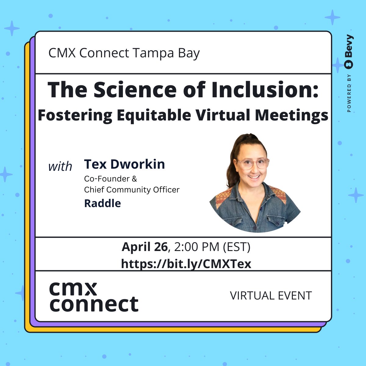 jerseycityjeff's tweet photo. CMX Connect Tampa Bay is going virtual for our April event! 

Join us on 4/26 as @TexDworkin, Co-Founder &amp; Chief Community Officer at @RaddleAI, explores the anatomy of successful virtual meetings and how to activate inclusive collaboration.

RSVP: https://t.co/f9UT1pNKzg #CMGR https://t.co/5gVkDkeonG
