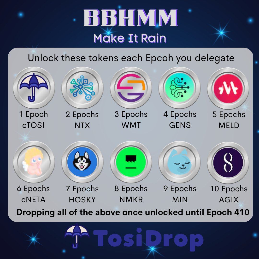 BBHMM_Stake's tweet photo. BBHMM delegates, it's that time again! 
Don't miss out on claiming your favorite tokens through the @tosidrop platform to maximize benefits. Head to https://t.co/KAQI3eMKnr to participate in the token offering and grab tokens. #CTOSI #NTX #WMT #GENS #MELD #CNETA #HOSKY #NMKR #MIN #AGIX