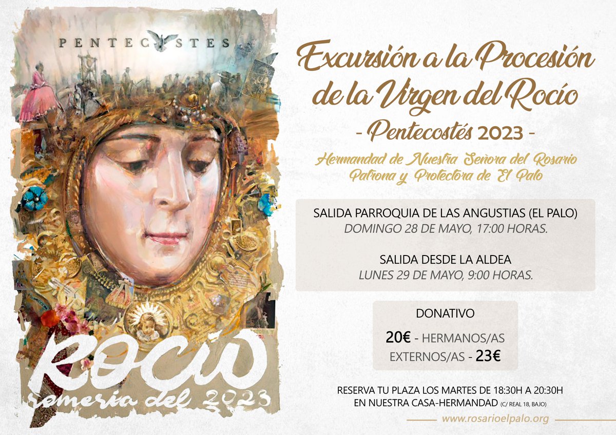 🔹 En la tarde de hoy, nuestra Casa-Hermandad abrirá sus puertas para la atención personalizada.

🎟 Desde hoy mismo estarán disponibles las plazas para la excursión a la Procesión de la Virgen del Rocio.

📍 C/ Real 18, bajo.
⌚ De 18:30h a 20:30h.

#PatronaElPalo #CofradiasMLG
