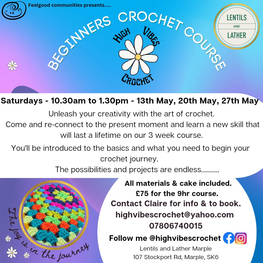 Come join me for a 3wk crochet course in Marple woop woop

Starts 13th May from 10.30.

Did I mention there will be cake?.........there will be!
#crochetcourse #crochetfun #marplecrafting