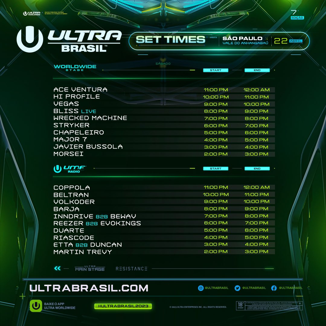 UltraBrasil's tweet photo. ⌚ Os set times para o #UltraBrasil2023 estão disponíveis, e você já pode se programar para curtir seus artistas preferidos nos 4 palcos do festival, nos dias 21 e 22 de abril! 

🎟️ Compre seu ingresso que ainda dá tempo: https://t.co/S5zn5nVtnD https://t.co/49eyY2EygC