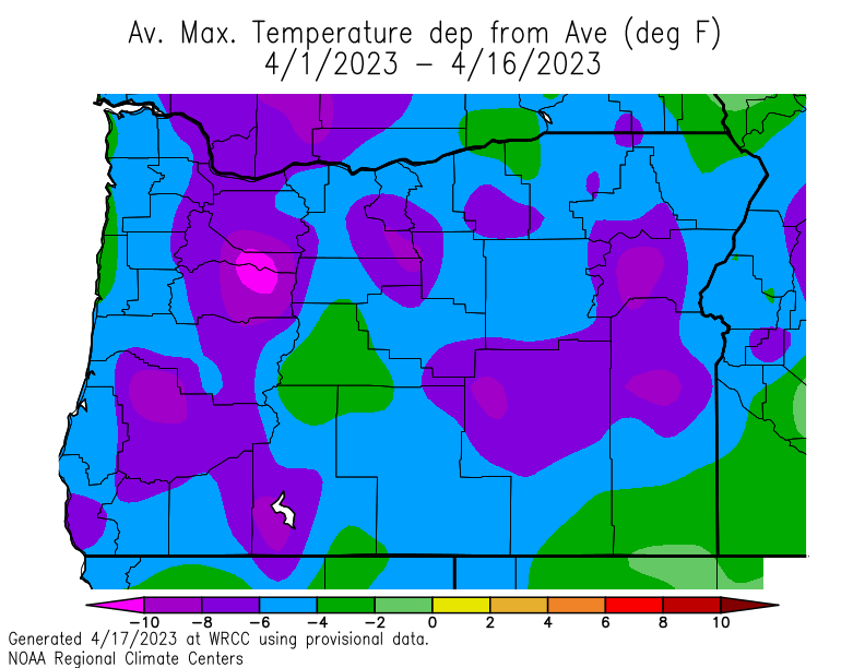 NWSPortland's tweet photo. Think it's been cold this month? Well, you're not wrong. This chart shows the departure from average for high temperatures this April. A large portion of the forecast area has had highs 6 degrees or more BELOW normal. #ORwx #WAwx #pdxtst https://t.co/G0sk3UoaBs