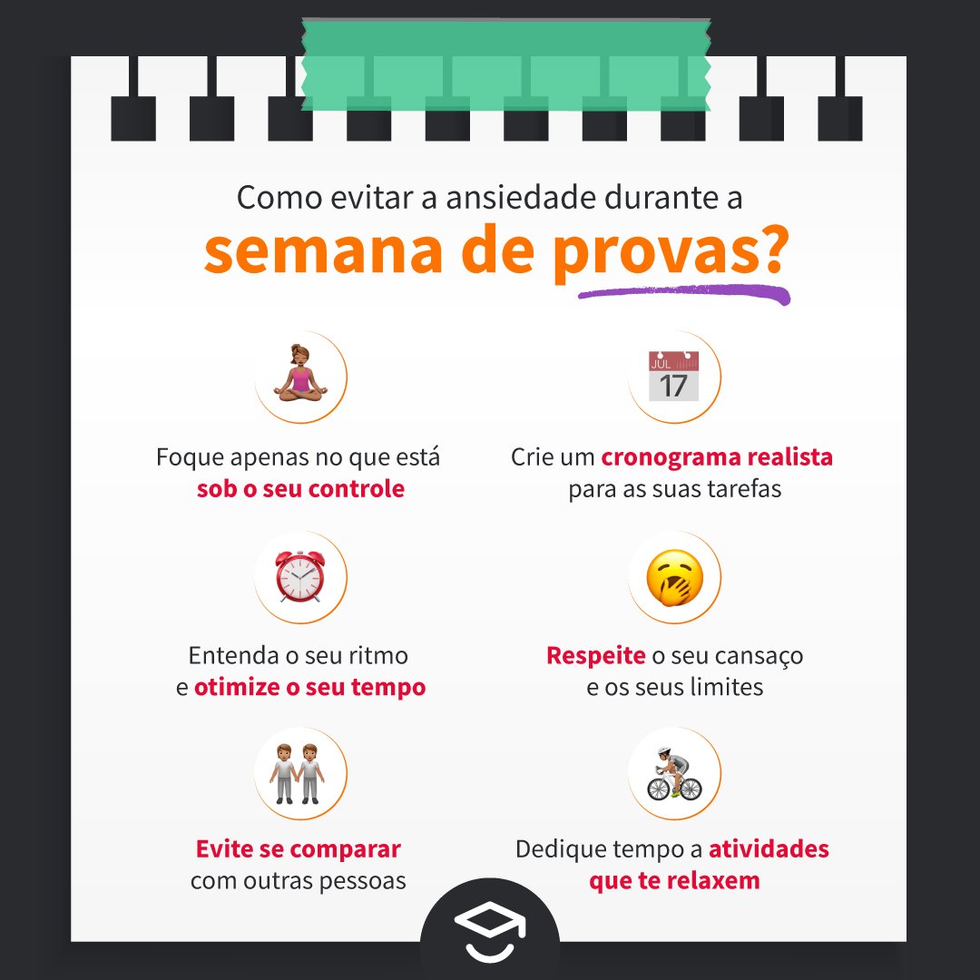 Sabemos que a semana de provas pode ser um momento estressante 😥 Foi pensando nisso que separamos algumas dicas para evitar a ansiedade durante esse período. Se liga: