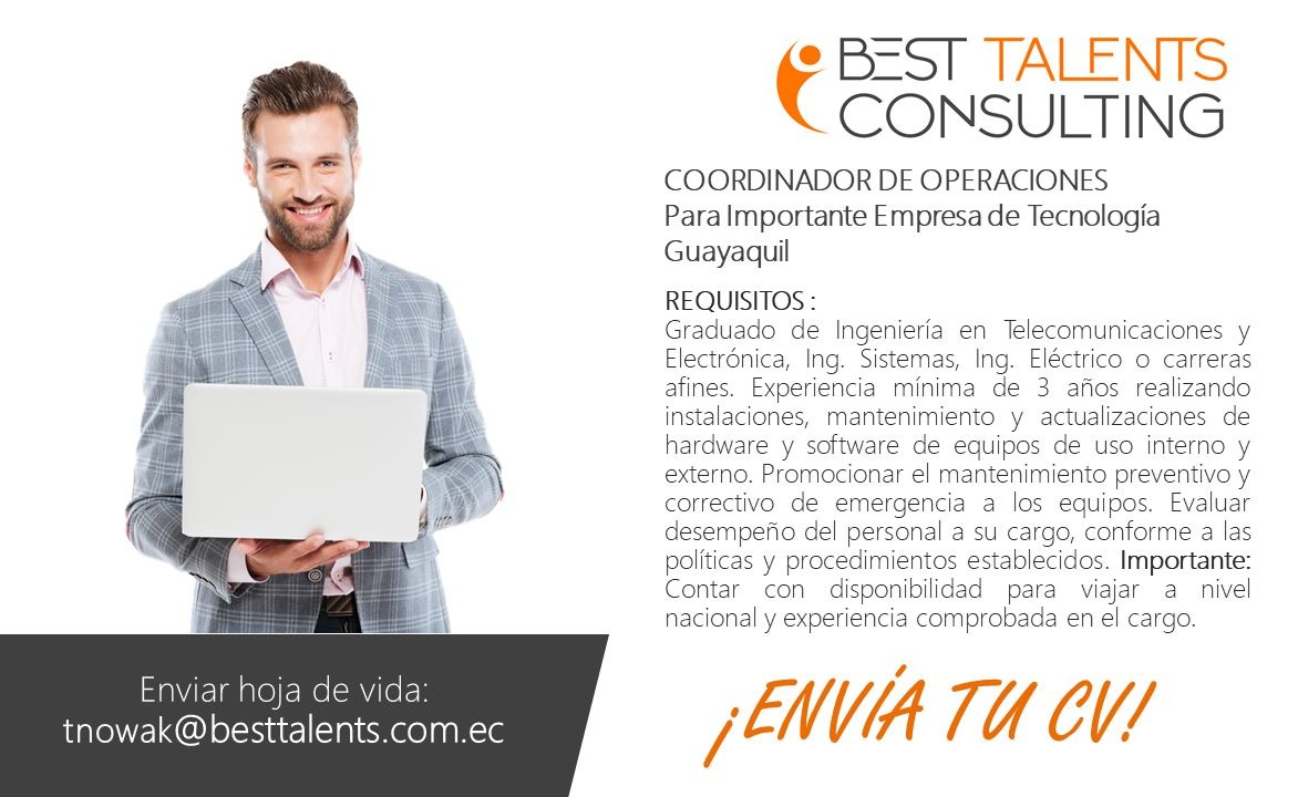 BEST TALENTS CONSULTING (@btconsultingec) on Twitter photo SI HAY EMPLEO!
Si cumples con el perfil aplica y-o si conoces a alguien que aplique a cualquier vacante de estas disponibles no dudes en mencionarlo. SI HAY EMPLEO!
Si cumples con el perfil aplica y-o si conoces a alguien que aplique a cualquier vacante de estas disponibles no dudes en mencionarlo.