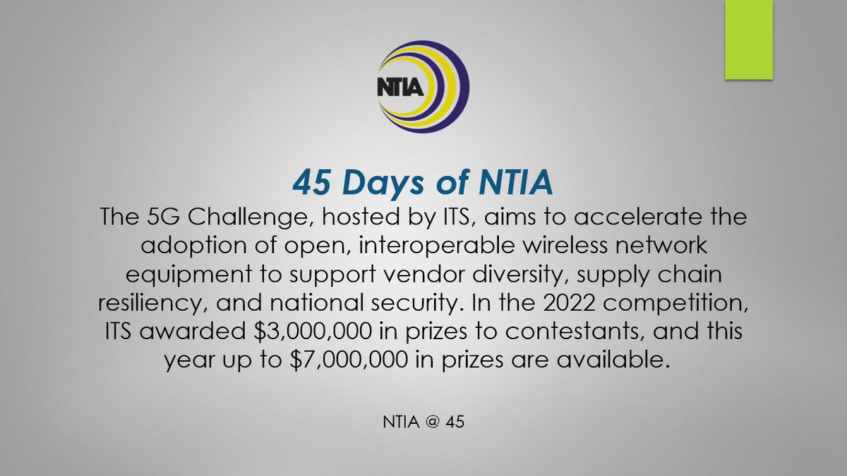 NTIAgov's tweet photo. For today's #45DaysofNTIA Fact of the Day, learn more about the 2023 #5GChallenge: https://t.co/T79jvIf3nu https://t.co/FGpYnxFyeJ