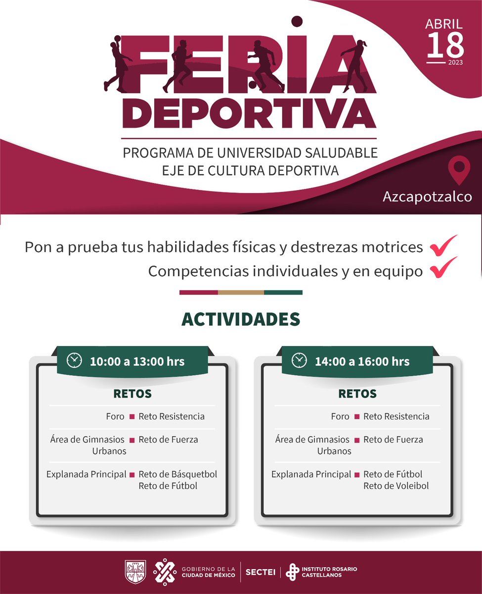 UNRCastellanos's tweet photo. ¡Mañana hagamos #DeporteIRC en la Unidad Académica Azcapotzalco! ⚽🏀
Checa la programación que la #UniversidadSaludableIRC tiene destinada para la #ComunidadIRC. 👇🏼👇🏼 https://t.co/9uphzFDZvG