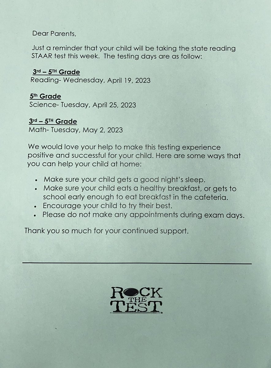 MISDTaylor's tweet photo. STAAR testing information for Taylor 3-5 grades. https://t.co/a06sKLWZyX