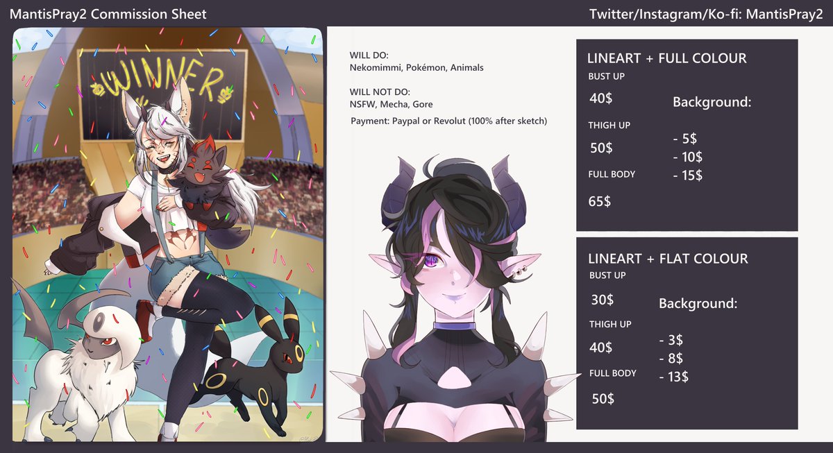 MantisPray2's tweet photo. Here's my anime/vtuber like artstyle! The prices are different, so I recommend checking everything first! <3
Below is my Ko-fi!! https://t.co/NOB2eFJqir