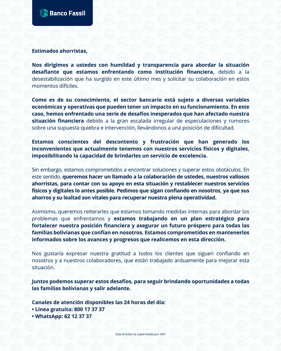 Estimado cliente, te invitamos a leer el siguiente comunicado para abordar la situación que estamos atravesando actualmente.

#BancoFassil
