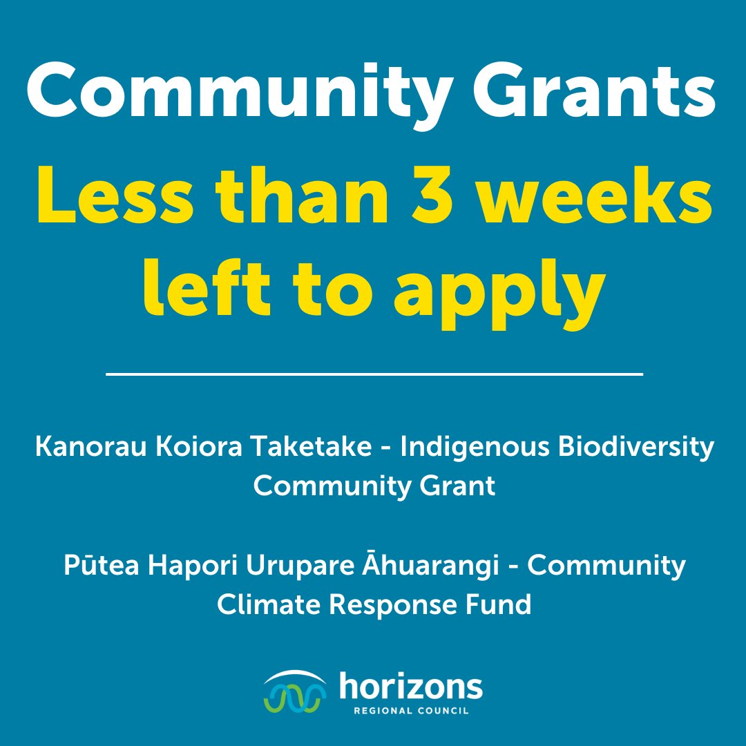 ManawatuRiver's tweet photo. 📣 COMMUNITY GRANTS | Less than 3 weeks left to apply! ⏳

🟡 Applications for Horizons community grants close on Friday 5 May, 1pm.

➡️ To find out more about eligibility criteria and to apply, visit the Horizons website https://t.co/V3IyLNeoUd https://t.co/85JrIku0G7