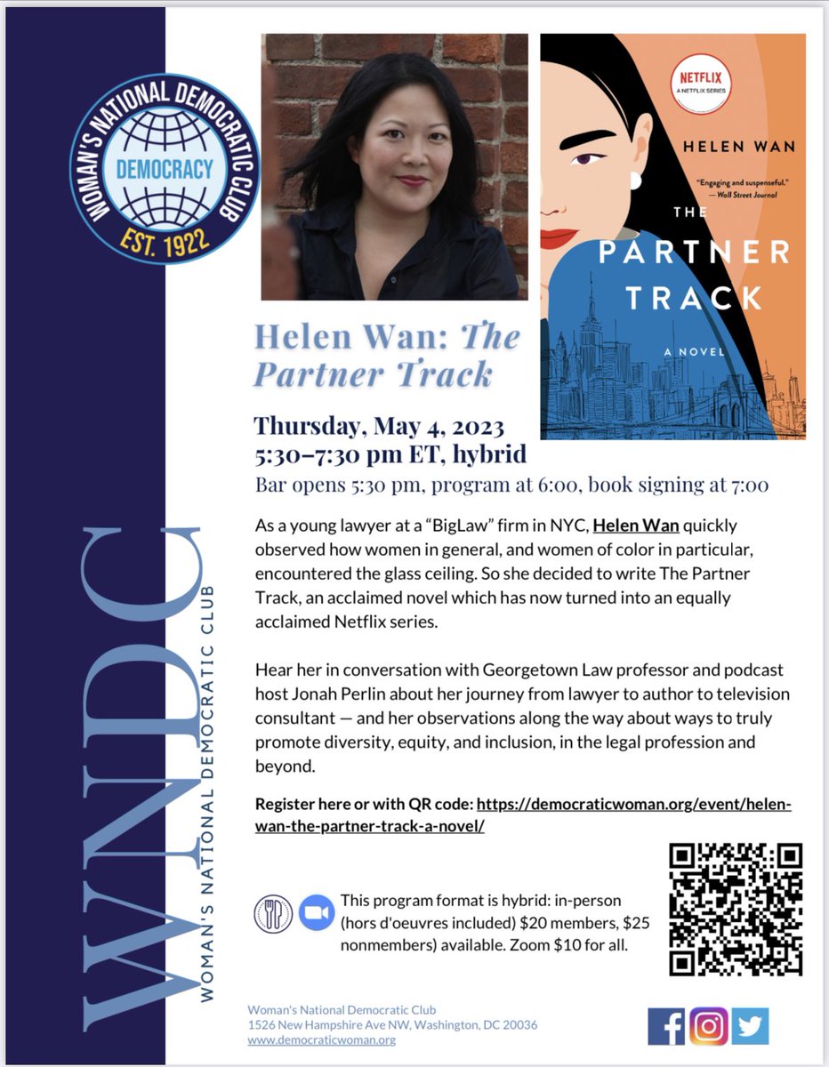 I am very excited to be interviewing <a href="/helenwan1/">Helen Wan</a>, author of The Partner Track in Washington DC at the Woman’s National Democratic Club on May 4!

I was lucky to get interview Helen on #HowILawyer and am thrilled to be speaking with her again.

Details below for in-person &amp; Zoom 👇