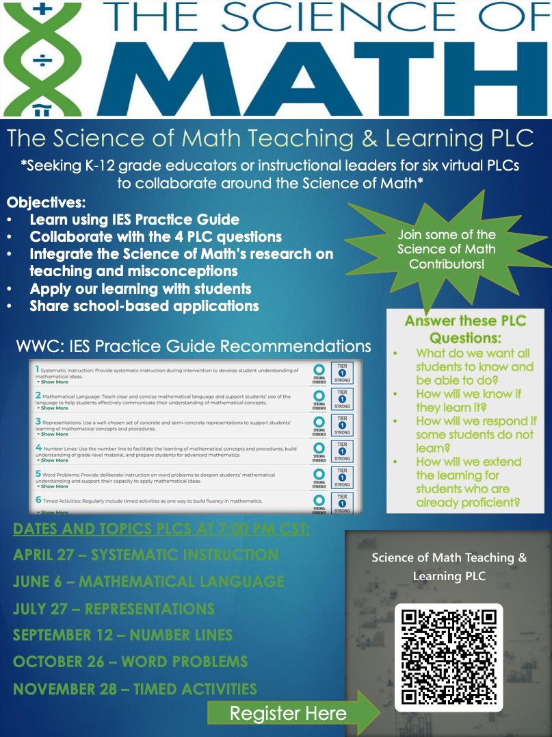 Hi teachers and instructional leaders! Join this group for a PLC on the IES practice guide recommendations for teaching math - particularly when students need extra help! Sign up using the RQ code.