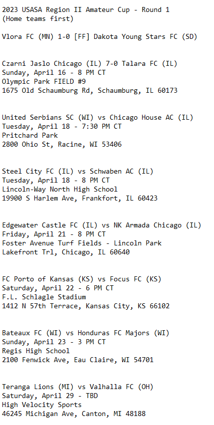National Amateur Cup Updated #USASA Region II schedule + results Six games this week, including one that already happened! One match will happen next weekend, putting it past the established April 22 deadline but it has been approved by all parties. More below ⬇️