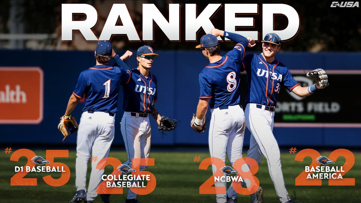 ConferenceUSA's tweet photo. RANKED

@UTSABSB makes an appearance on 4️⃣ College Baseball rankings!

#CUSABASE ⚾️