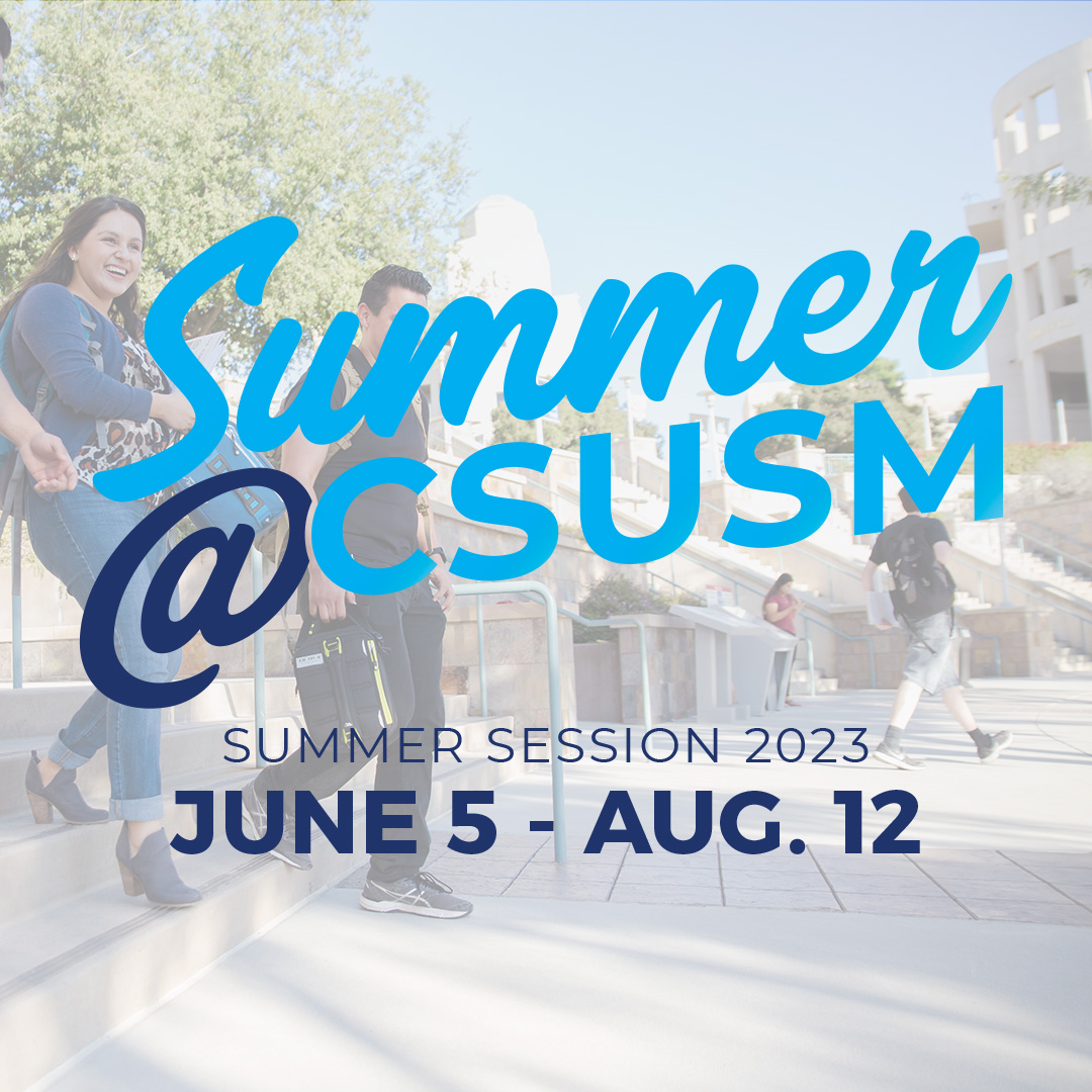 CSUSMEL's tweet image. Enrollment for CSUSM’s Summer Session is now open to the public! Many courses can be completed in as little as five weeks, and units are transferable to other institutions. Don’t miss Summer@CSUSM: June 5 – Aug. 12, 2023.  Learn more at bit.ly/2023SummeratCS…