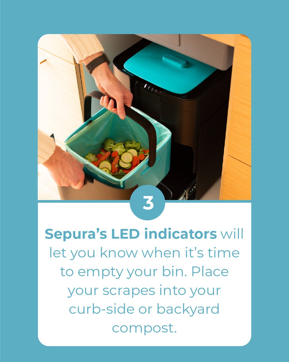 Tackle food scrap waste with Sepura in 3 easy steps:

1️⃣Scrape plate into sink—Sepura handles it all!
2️⃣Press wireless button—liquids drain, solids collect for compost
3️⃣Check LED indicators, empty bin when needed, &amp; compost scraps

Composting made easy with Sepura🌱 #EcoFriendly