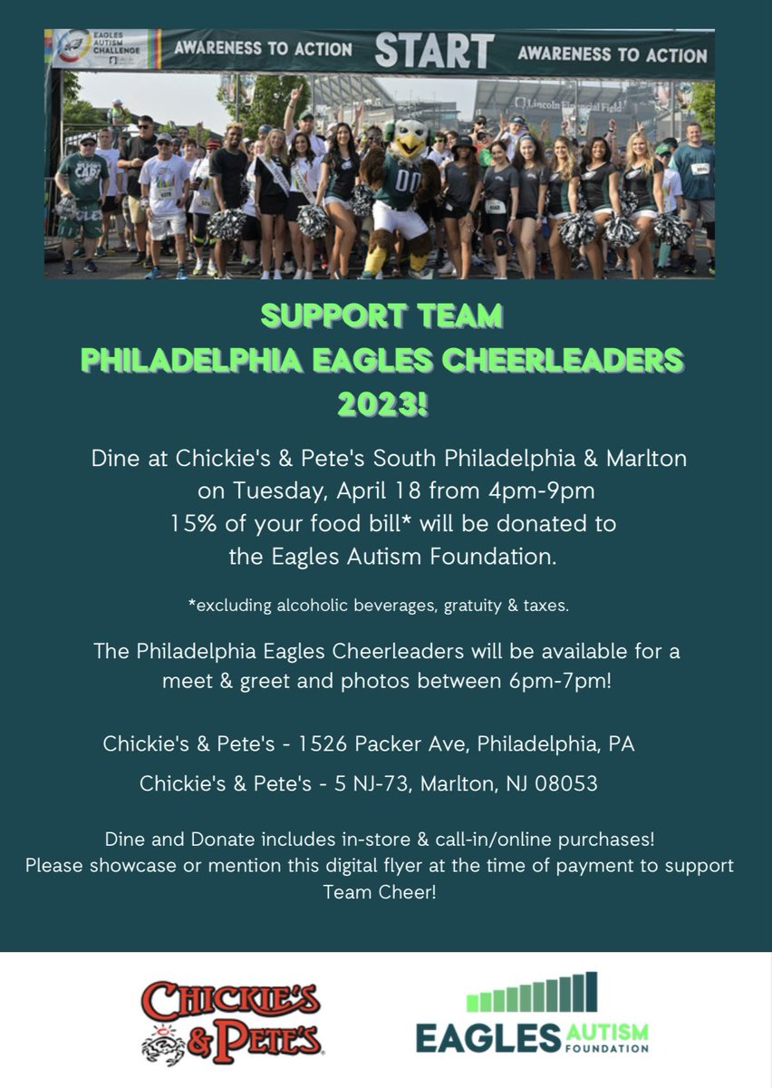 Calling all EAF supporters in South Philly and South Jersey🗣️ Join us tomorrow for @EaglesCheer’s dine and donate at @ChickiesnPetes from 4-9pm!