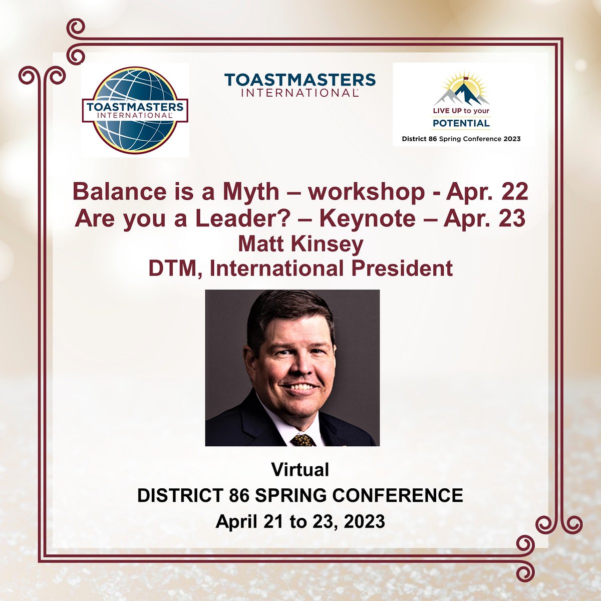 Is #balance a #myth or can it be achieved? A #workshop by Matt Kinsey. Are you a #leader ? Matt will share his definition with us during his keynote   presentation. Have you registered yet?   toastmasters86.org/district-86-20… #leadership #communication #teambuilding