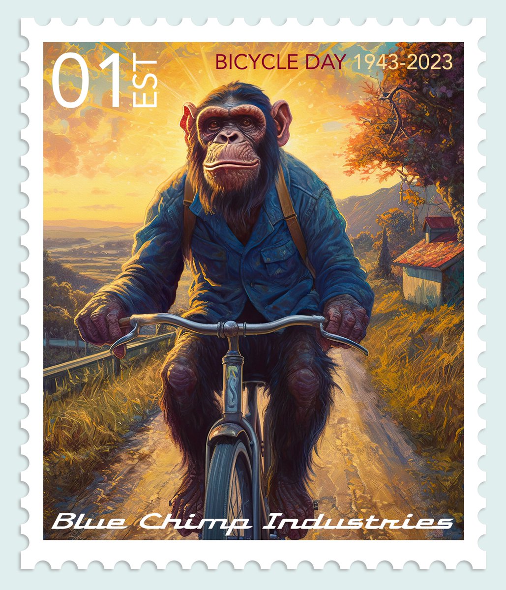 In celebration of <a href="/GlenWexler/">Glen Wexler</a>'s upcoming AI on Acid collection releasae on Bicycle Day, 4/19, we're giving away Blue Chimp Commemorative Bicycle Day Stamp #9/192. 

✅To enter: like, RT, join the Spaces Wednesday at 3:30pm ET

Set that reminder here 👉 x.com/i/spaces/1mrxm…