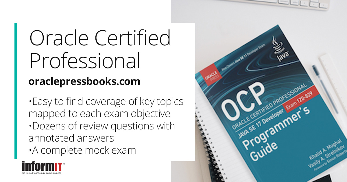 OraclePress's tweet image. We're giving away 4 copies of the new OCP Oracle Certified Professional Java SE 17 Developer (Exam 1Z0-829) Programmer's Guide!
To enter for a chance to win, post in the @coderanch Programmer Certification forum by April 21: coderanch.com/f/24/java-prog…