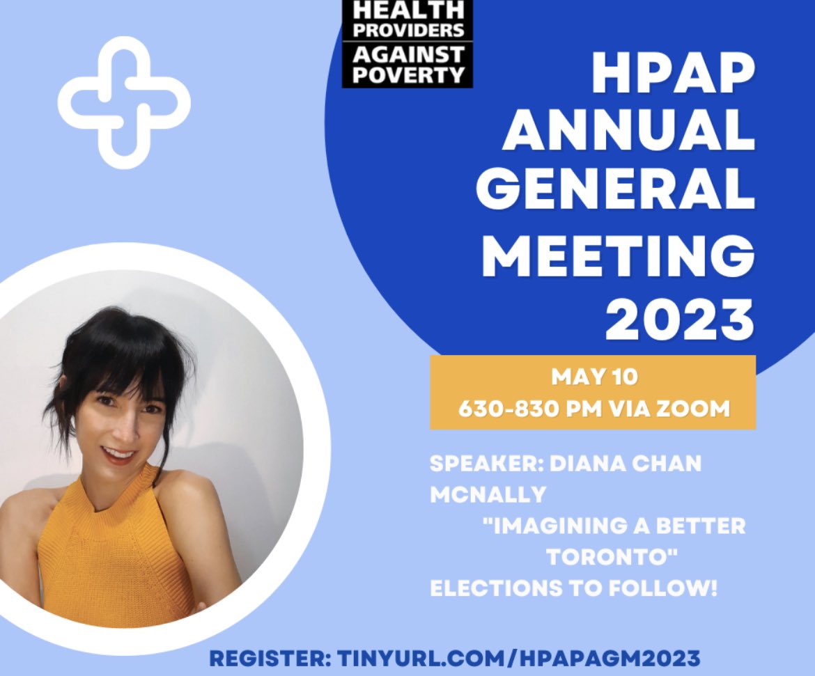 HPAP_Ontario's tweet photo. 🔔UPCOMING EVENT ALERT

Please join us for our upcoming Annual General Meeting on May 10 @ 6:30 PM ET

We are thrilled to announce that our speaker will be @Diana_C_McNally who will be speaking on imagining a better toronto 💫 https://t.co/bXQCHJMYLW