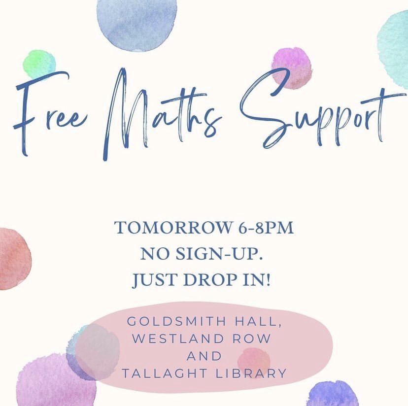 Our free maths classes are running after Easter until the exams. 

All 5th and 6th year students welcome to drop in to Tallaght Library or City Centre!

Tuesdays 6-8pm every week.

Encourage your students to follow us on instagram for details