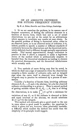 HOS_ASA's tweet photo. In April 1912, as a third year undergraduate student at Cambridge, RA Fisher published his first mathematical paper ‘On an Absolute Criterion for Fitting Frequency Curves’. This was the first iteration of what would later become the method of maximum likelihood  1/3 https://t.co/fdTOaH7vjD