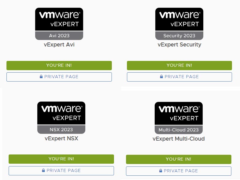 Happy to be part of these subprograms, some new, some renewed!
Thanks to the #vExpert team for all the effort they put in to keep these programs going!

#VMwareNSX #RunNSX #vExpertSecurity #vExpertmulticloud #VMware #lab2prod #vmwarecloud #vcf