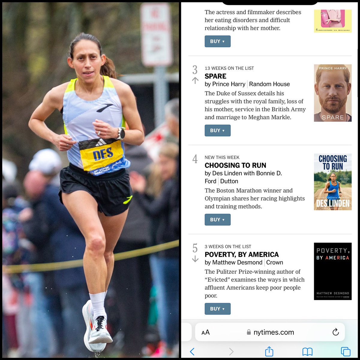 JoshCox's tweet photo. So proud of @des_linden!
A #ChoosingToRun book tour/#BostonMarathon double these past two weeks. #4 for hardcover non-fiction on The NY Times Best-Seller List and a very solid 2:27:18!
How she balanced all the appearances and training was something to behold. A pro’s pro. https://t.co/l7EoD1wrM5