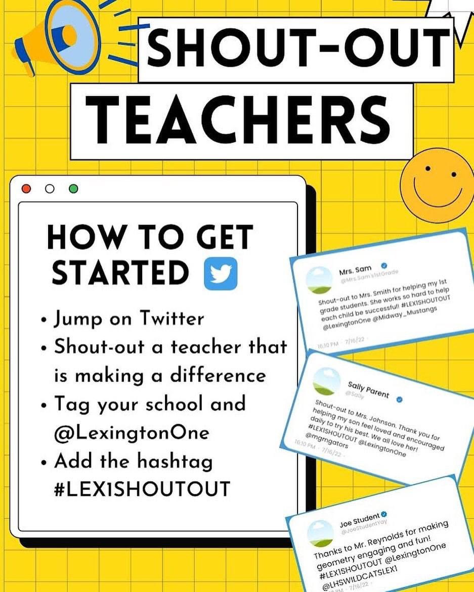 MrsMatthewsMGM's tweet photo. Gators! @lexingtonone is holding a Teacher Shout-out Campaign to support and shout out teachers across the district to show them how much they are appreciated! Be sure to use #lex1shoutout on any social media platform ! Tag their school and @LexingtonOne @mgmgators https://t.co/c57yf9ASGf