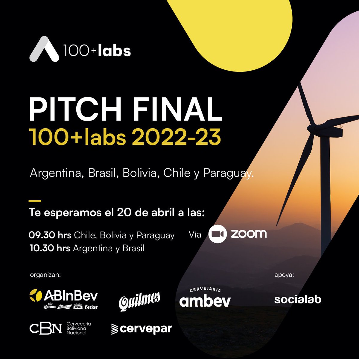 Este jueves 20 de abril, las startups ganadoras de 100+ Labs Argentina, Bolivia, Brasil, Chile y Paraguay presentarán sus soluciones de impacto en un pitch internacional 

Conéctate al pitch final de 100+ labs  en us06web.zoom.us/j/88966885685 ¡Te esperamos!